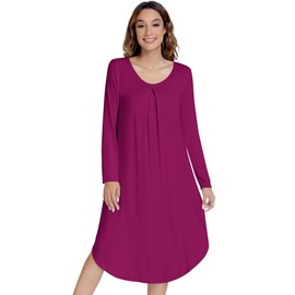 NACHILA Nightgowns for Women-Viscose Made from Bamboo, Long Sleeve Sleep Dress V Neck Sleepwear Pleated Sleepshirts Dark Purple X-Large