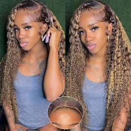 Ombre Highlight Wear and Go Glueless Wigs Human Hair Pre Plucked Pre Cut #4/27 Colored Deep Wave Lace Front Wigs Human Hair 4x4 HD Lace Closure Wigs 150% Density Glueless Wigs Human Hair 28 Inch