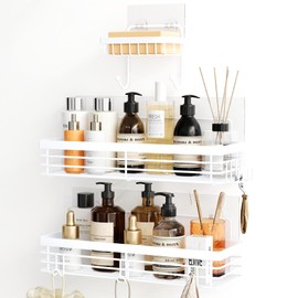 Orimade Adhesive Shower Caddy Soap Dish Holder Shelf with 5 Hooks Bathroom Organizer Basket Kitchen Storage Rack Wall Mounted No Drilling Stainless Steel - 3 Pack, White