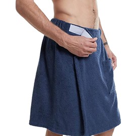 Jamron Mens Adjustable Bath Towel Wrap - Wearable Towel Skirt with Pocket for Gym Shower Sauna Spa & Beach Cover Ups Navy Blue L