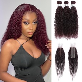 ANMETAN #99J Dark Burgundy Kinky Curly Human Hair Bundles with 2x6 Closure, 10A Thick Bundles with 2x6 HD Transparent Lace Closure Deep Part Colored Curly 3 Bundles with Closure Sew In 10 12 14+10 In