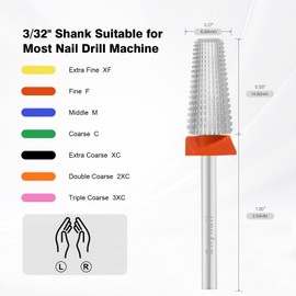 Cnynail 5 in 1 Nail Drill Bit, Tungsten Carbide Multi-Function Bit for Acrylic Nails, Hard Gels, Cuticles Removal, 3/32" Shank, Two-Way Rotation for Left & Right-Handed Use (F Grit, Silver)