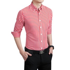 ERZTIAY Men's Casual Business Vertical Striped Button Down Long Sleeve Dress Shirts Red