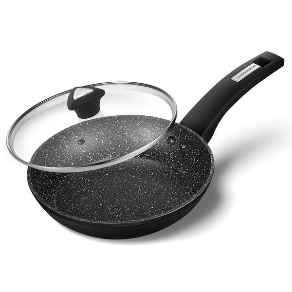 KOCH SYSTEME CS 11 Inch Black Frying Pan Nonstick with Lid, Ultra Non Stick Wok Pan with Bakelite Handle, Marble Coating Frying Pan 100% Toxic-Free, Aluminum Skillets, Compatible for all Stoves