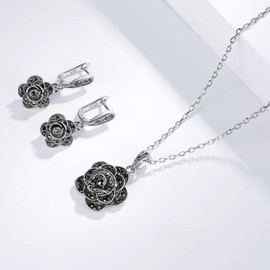 Shefashion Rhodium Plated Vintage Silver Rose Flower Jewelry Sets Black Marcasites Studs Earrings Pendent Necklace for Women Girls