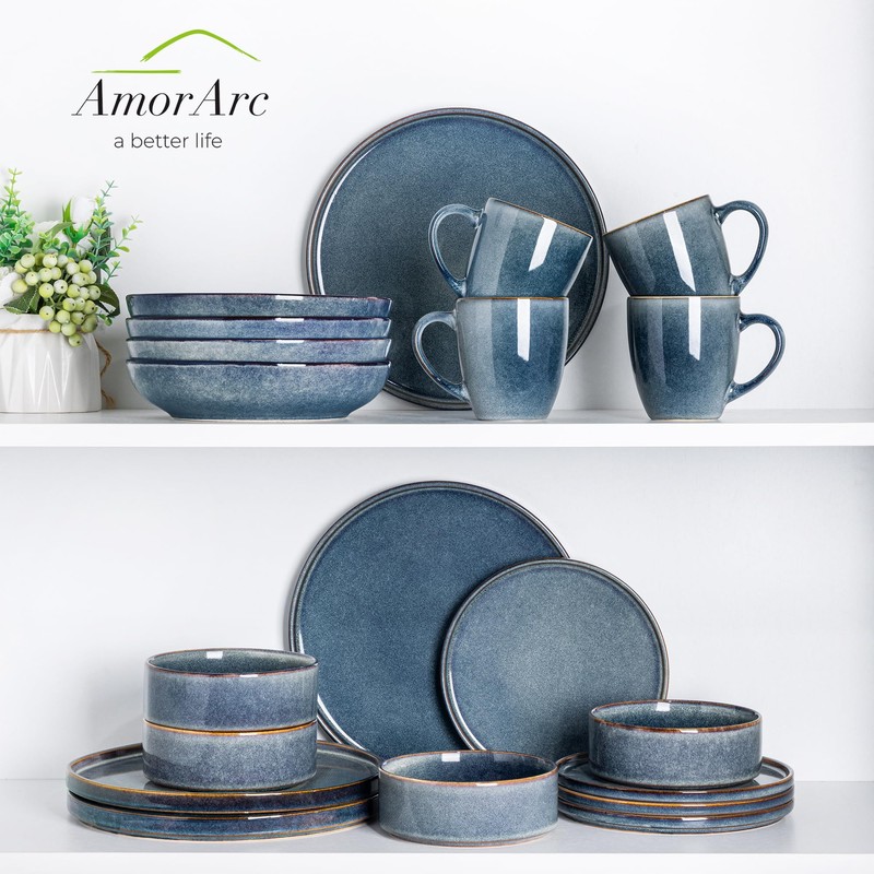 AmorArc Ceramic Dinnerware Sets, Handmade Reactive Glaze Stoneware Plates and