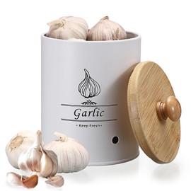 BSTKEY Garlic Keeper for Counter, Large Metal Garlic Container with Wooden Lid, Farmhouse Garlic Storage Holder for Kitchen, White Garlic Saver to Keep Your Garlic Cloves Fresh