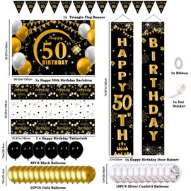 50th Birthday Decorations for Men Women, Black Gold Happy 50th Birthday Backdrop, Birthday Porch Sign Banner, Triangle Flag, Tablecloths, Birthday Balloons 50 Year Old Birthday Party Supplies for Him