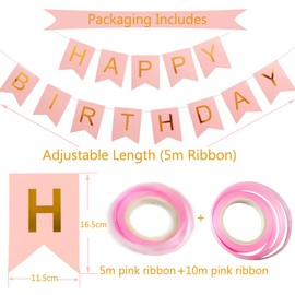 Happy Birthday Banner, Pink Birthday Decoration, 16 pcs 12 inch Happy Birthday Balloons with 2 Ribbons for Girl and Women Birthday Party Decoration