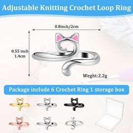 QFGasre 6 Pcs Knitting Crochet Loops Rings for Fingers Metal Open Yarn Guide Adjustable Cat Crochet Tension Rings Faster Knitting Thimbles Holders Accessories for Crocheting Cat Finger Guard Rings