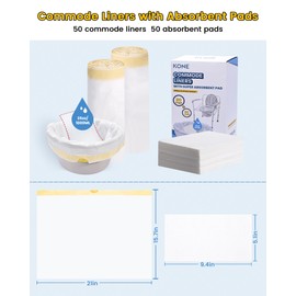 KONE 50 Count Bedside Commode Liners with Absorbent Pad, Disposable Leakproof Bags Universal Fit All Standard Toilet Chair Buckets and Portable Potty