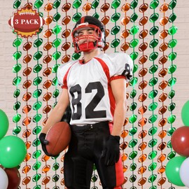 LOLStar Super Ball Party Decorations 2025, 3 Pack Football Shaped Foil Fringe Curtains, 3.3x6.6 ft Green and Brown Photo Booth Props, Super Ball Backdrop for Football Birthday Party Supplies