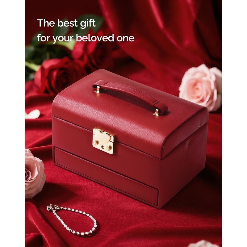 CASEGRACE Jewelry Box,3 Layers Leather Jewelry Storage Box with Lock,