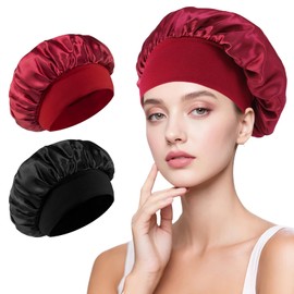 Schlafhaube Seide, Nachtmütze Haarhaube, Silk Bonnet Sleep Cap, Schlafmütze Satin Bonnet Nacht Schlaf Mütze, Wiederverwendbare Schlafhaube Seide für Haare mit Elastikband Bleiben am Kopf（Schwarz&Rot)