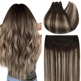 Ugeat Weft Hair Extensions Human Hair Brown Sew in Hair Extensions Dark Brown with Ash Blonde Balayage Hand Tied Weft Hair Extensions Double Weft 14inch 80G