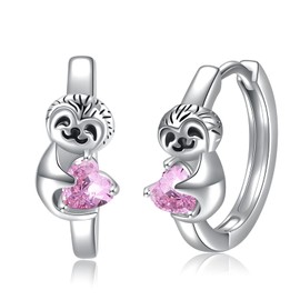 POPLYKE Sloth Earrings for Women 925 Sterling Silver Hoop Earrings for Women Small Hoop Earrings Teen Daughter Gifts Pink Earrings