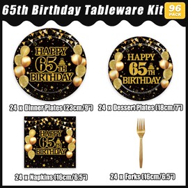 Kepeel 96Pcs 65th Birthday Party Tableware Set, Back in 1960 Birthday Party Decorations Supplies for Men Women Cheers to 65 Years Disposable Paper Plates Napkins Forks Favors, Serve 24