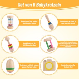 Montessori Wooden Baby Rattle Musical Wooden Toy, Montessori Sensory Toy, Gift for Boys and Girls from 1 Year, Birthday Gift for Children and Toddlers, Pack of 6