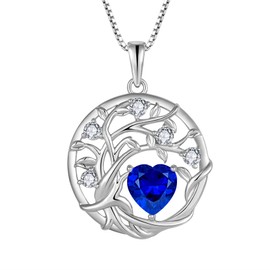 FJ Tree of Life Necklace Women's 925 Sterling Silver Tree of Life Necklace Pendant Birthstone Jewellery Gifts for Women, Cubic Zirconia, Sapphire