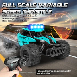 Joellfuner Remote Control Car, 2.4GHz 1:16 Offroad Monster RC Truck, 2WD 20 km/H RC Car with Four Colour LED Light, RC Truggy with High and Low Gears for Children from 3 Years (Cyan)