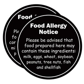 2 Pcs Food Allergy Notice Sign Stickers 7 inch Caution Allergy Warning Commercial Allergy Placard Label Caution Danger Safety Security Signs for Restaurant Food Coffee Shop Bakery (Black)