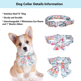 Girl Dog Collars and Leash Set for Small Medium Dogs,Adjustable Cute Puppy Floral Collars Including Pin Buckle Collars, Detachable Bow Tie and Flower, Leash,Female Dog Collars for Walking Gift,S