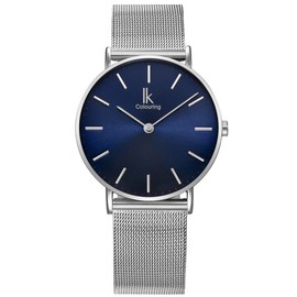 Alienwork IK Slim Watch Diameter 36 mm Men's Women's Ultra Flat Mesh Strap, Silver/blue silver/mesh band silver, Bracelet