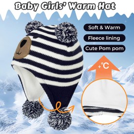 PONCEAU Kids Winter hat with Ear Flaps Baby Girl Knitted Bobble hat with Fleece Lining Toddler Thermal Beanie hat Navy Striped Bear 0-12 Months