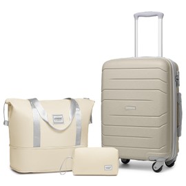 LARVENDER 3-Piece Carry On Luggage Set for Women,Hard Shell Suitcase 20Inch Carry On Luggage 22x14x9 Airline Approved, Spinner Wheel and TSA Lock（Sand 20Inch/DB/TB）