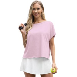 GRECERELLE Women's Open Back Workout Tops Short Sleeve Athletic Yoga Shirts Running Casual Backless Top Loose Fit, Lilac Purple, Large