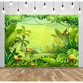 Loccor 6x4ft Fabric Cartoon Rainforest Backdrop Jungle Animal Green Tropical Leaves Botanical Background Kids Jungle Safari Theme Birthday Party Decorations Photo Props
