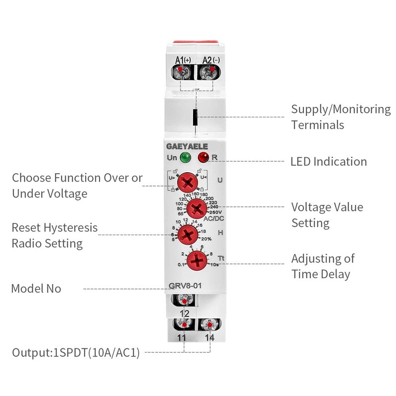 GAEYAELE Single Phase Voltage Relay AC/DC110V~240V Adjustable Over or Under