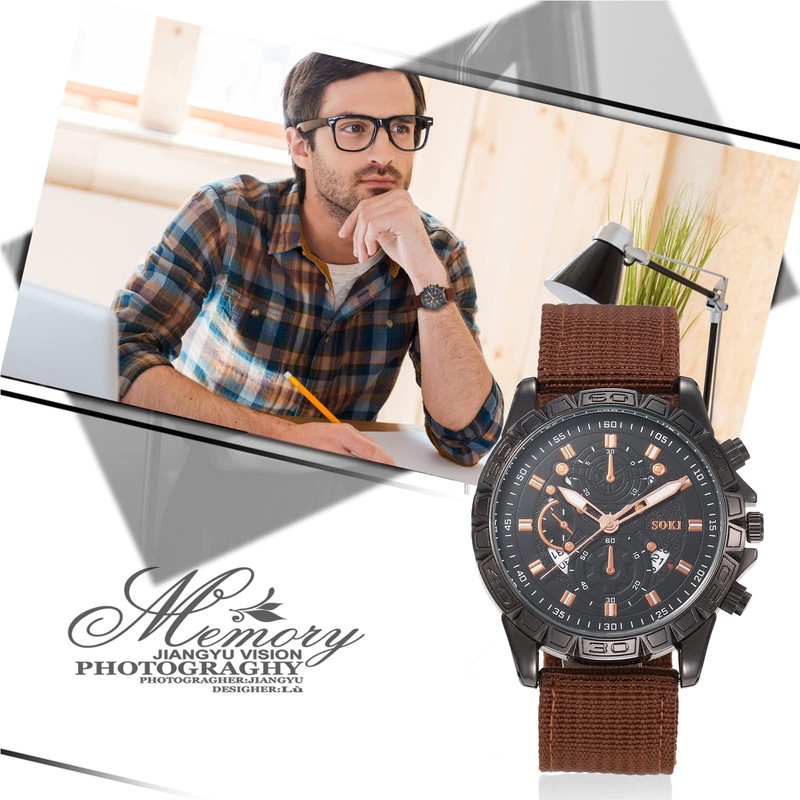 JewelryWe Mens Military Watch Black Green Nylon Strap Analog Quartz