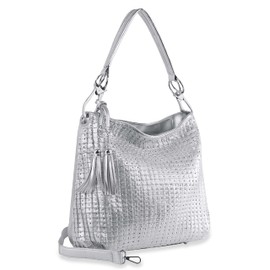 Rhinestone Accent Studded Vegan Leather Pleated Hobo Tote Handbag Shoulder Bag (Silver)