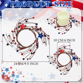 Maysing 4 Pcs Memorial Day Candle Ring Wreath Red White Blue Star Berry Candle Ring 4th of July Patriotic Berry Pip Small Wreath 4 Inch Center for Table Centerpiece