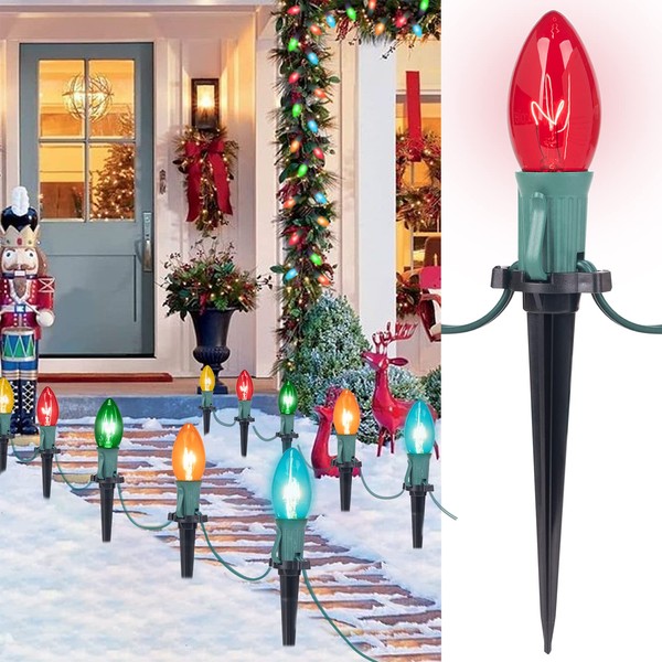 Christmas Pathway Lights Outdoor, 25.7 Feet C9 Christmas Lights with 20 Multicolor Bulbs and Stakes, Connectable Outdoor Christmas Decorations Outside Yard Walkway Sidewalk Holiday