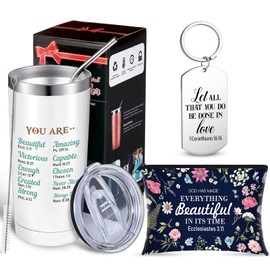 Hoolerry 3 Pieces Christian Gifts for Women, Religious Birthday Gifts for Women, Spiritual Gifts for Women, Mothers Day Gifts, 20 oz Tumbler Keychain and Makeup Bags(Lovely)