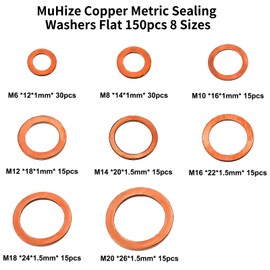 MuHize Copper Washers Kit 150PCS 8 Sizes - Metric Sealing Flats(M6 M8 M10 M12 M14 M16 M18 M20) for Automotive Fuel Line, Oil Pan Repair (Anti-Corrosion)