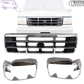 New Front Grille Chrome Shell & Primed Insert + Head Light Trim Door Right Passenger & Left Driver Side For 1992-1996 Bronco / 1992-1997 Ford F-150 F-250 F-350 Direct Replacement F4TZ8200A F2TZ13064C