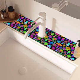 Bright Psychedelic Mushroom Kitchen Sink Splash Guard Mat Absorbent Fast Drying Mat Faucet Draining Mat Sink Splash Guard Behind Faucet Drip Catcher for Kitchen Bathroom 5.5"×24"