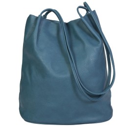 Mabel London Women's Fashion Designer Medium Size Plain Soft Vegan Leather Hobo Bucket Tote Shoulder Bag - Delilah (Denim Blue)