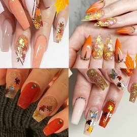 Maple Leaf Shape Glitter Fall Nail Art Sequins ,3D Metallic Red God Orange Yellow Mixed Design Confetti Maple Spangles for Women DIY Manicure Kit Decorations Salon Accessories 2 Bags