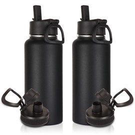 Volhoply 1 L Insulated Water Bottles Bulk 2 Pack with Straw Lid & Spout Lid,Stainless Steel Sports Water Bottle,Double Wall Vacuum Thermos,Leakproof Wide Mouth Metal Flask for Hiking,Camping(Black,2)