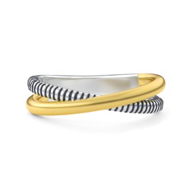 Mytys Two-Tone Wide Statement Ring for Women - Gold Silver Crossover Band with Ribbed Texture - Modern Fashion Jewelry Cocktail Ring - Mixed Metal Layered Design (Gold & Silver 4, 8)