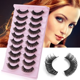 Sibba 10 Pairs False Eyelashes Russian Strip Lashes Fluffy Wispy Fake Eyelashes Natural Growth Long Strip Curly Handmade Faux Reusable Eyelashes (Style A)
