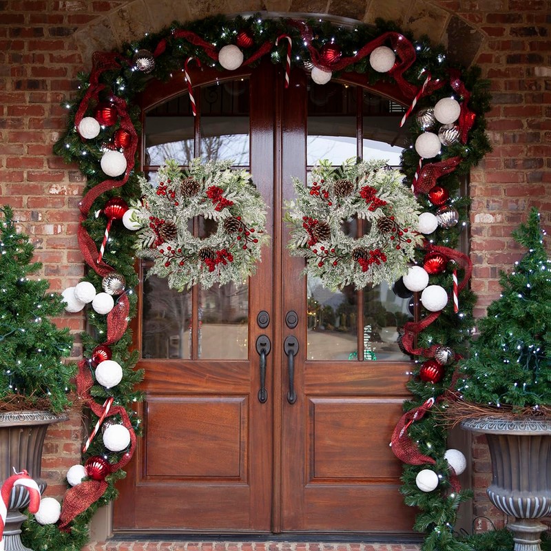 Christmas Wreath, 18 Inch Flocked Snow Wreath with Frosted Branches,