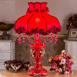 OTTOSON Red Victorian Lamp Antique Fabric Table Lamp European Pastoral Night Stand Lamp 1 Head Flower Floral Table Light with Beaded Fringe and Lace