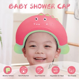 Shower Caps for Kids, KAMHBE Baby Shower Cap Shield Adjustable Crown Hair Washing Shampoo Shield Baby Visor for Eyes, Ears and Face (Red-monster)