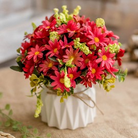 Artificial Flowers Fake Flowers Silk Rose Bouquets Decoration with Ceramics Vase for Table Home Office Wedding (Red Flowers)