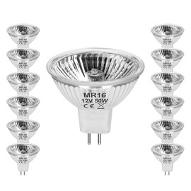 Jaenmsa 50 Watt MR16 Halogen Bulbs, 50W 12V Halogen Light Bulbs 2 Pin, 12 Pack Dimmable Indoor Flood 50w Halogen MR16 GU5.3 Small Light Bulb for Landscape/Track Light Bulbs 2800K Warm White